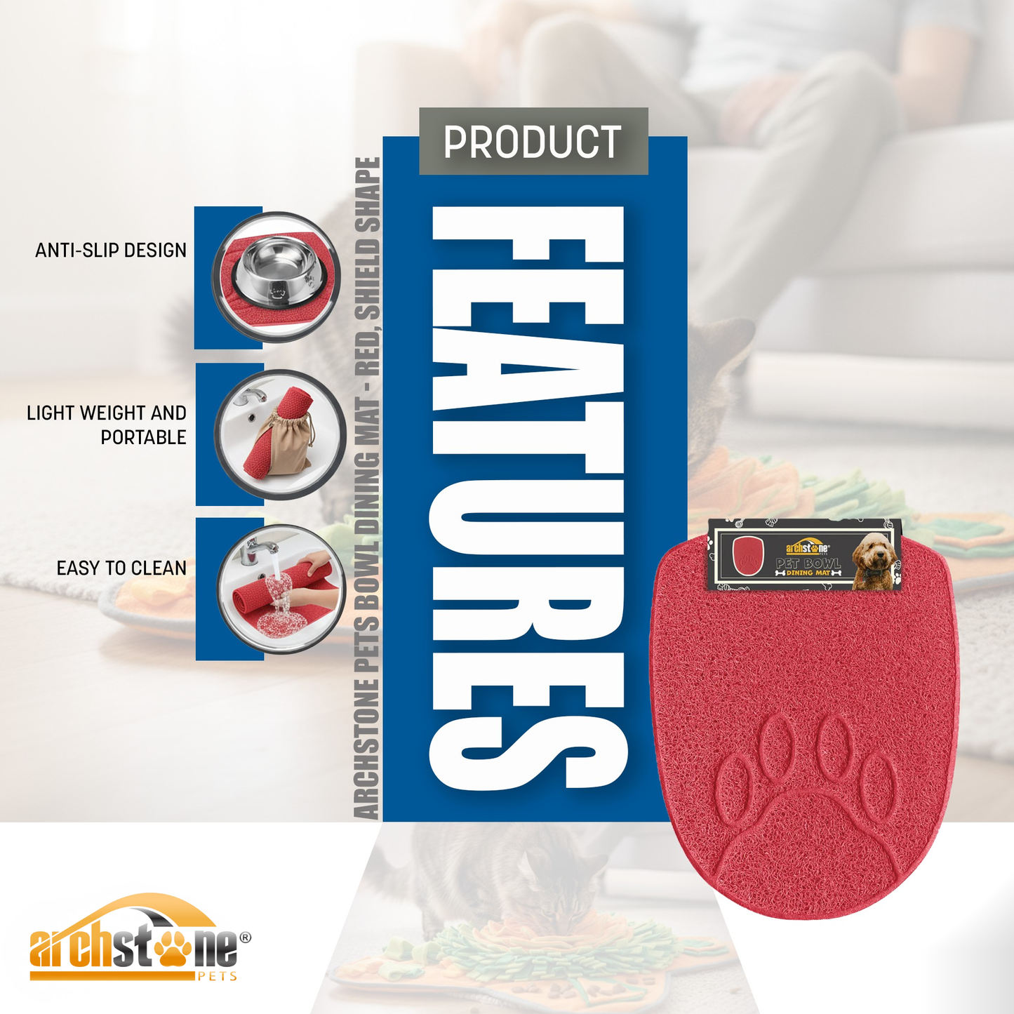 Archstone Pets Bowl Dining Mat - Red, Shield Shape