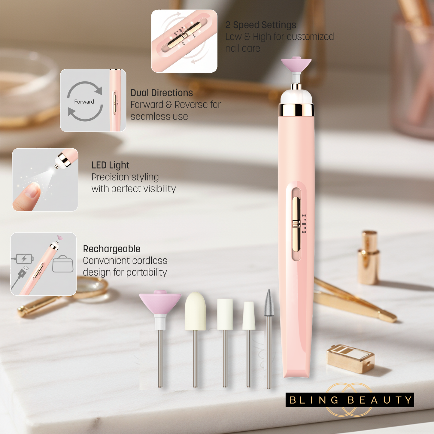 Bling Beauty Electric Nail File - Pink