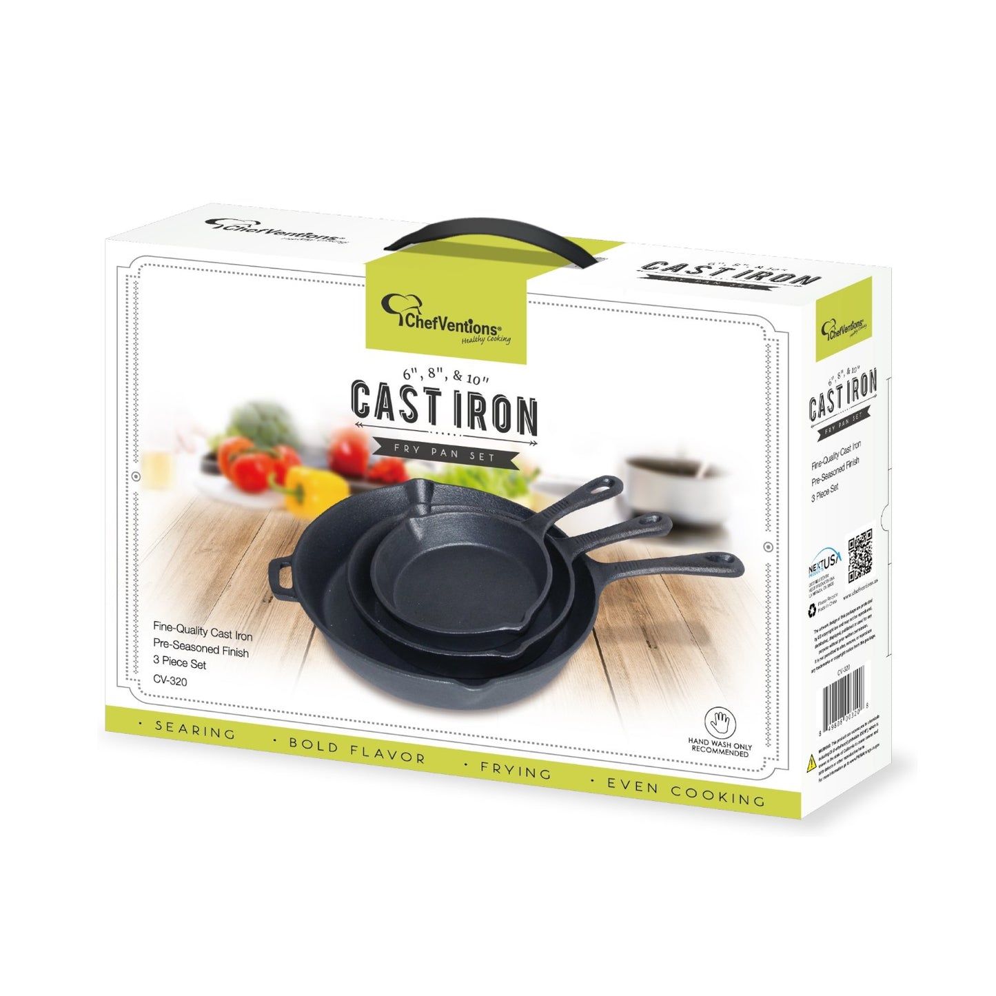 ChefVentions 3-Piece Pre-Seasoned Cast Iron Skillet Set