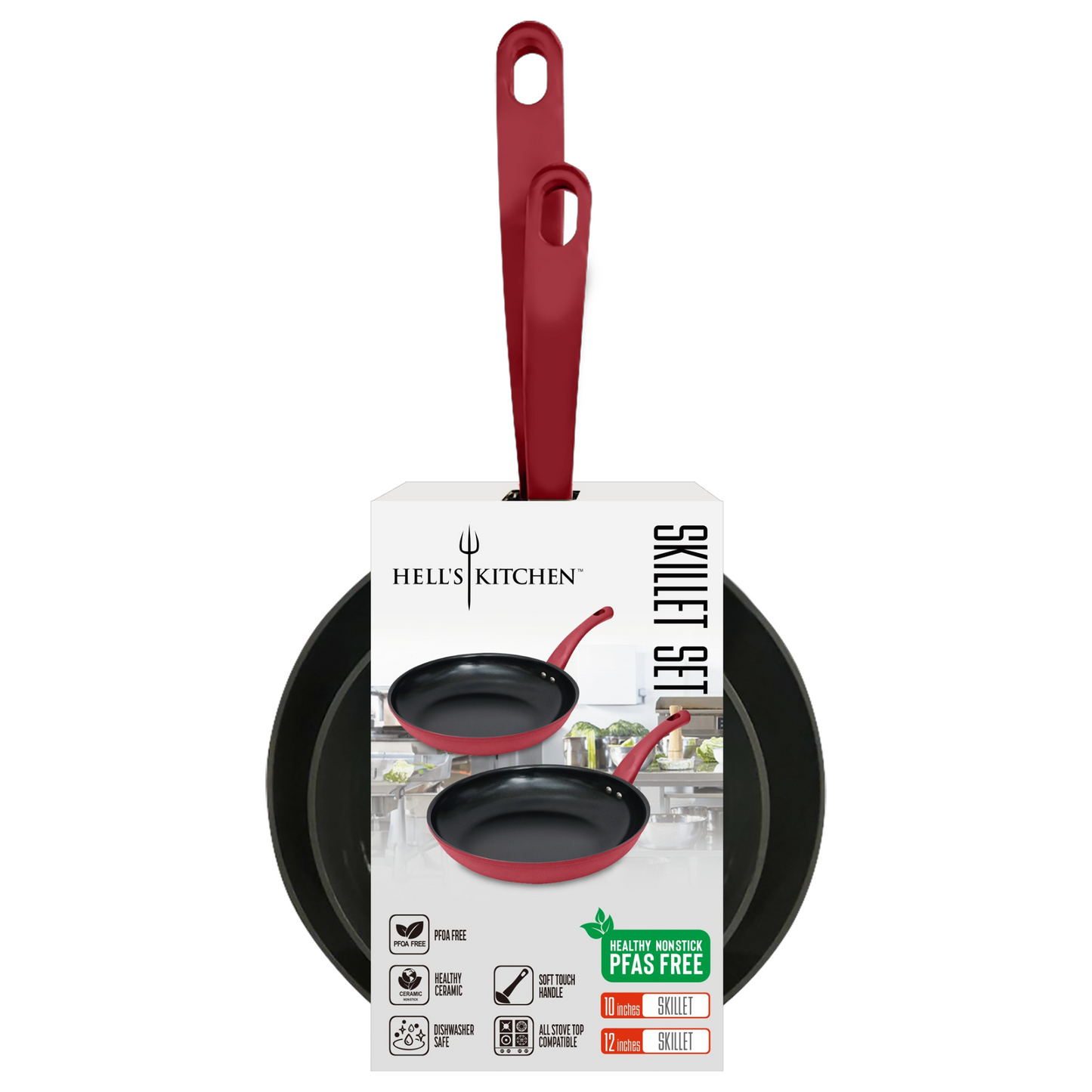 Hell's Kitchen 10-Inch & 12-Inch Ceramic Fry Pan Set - Red