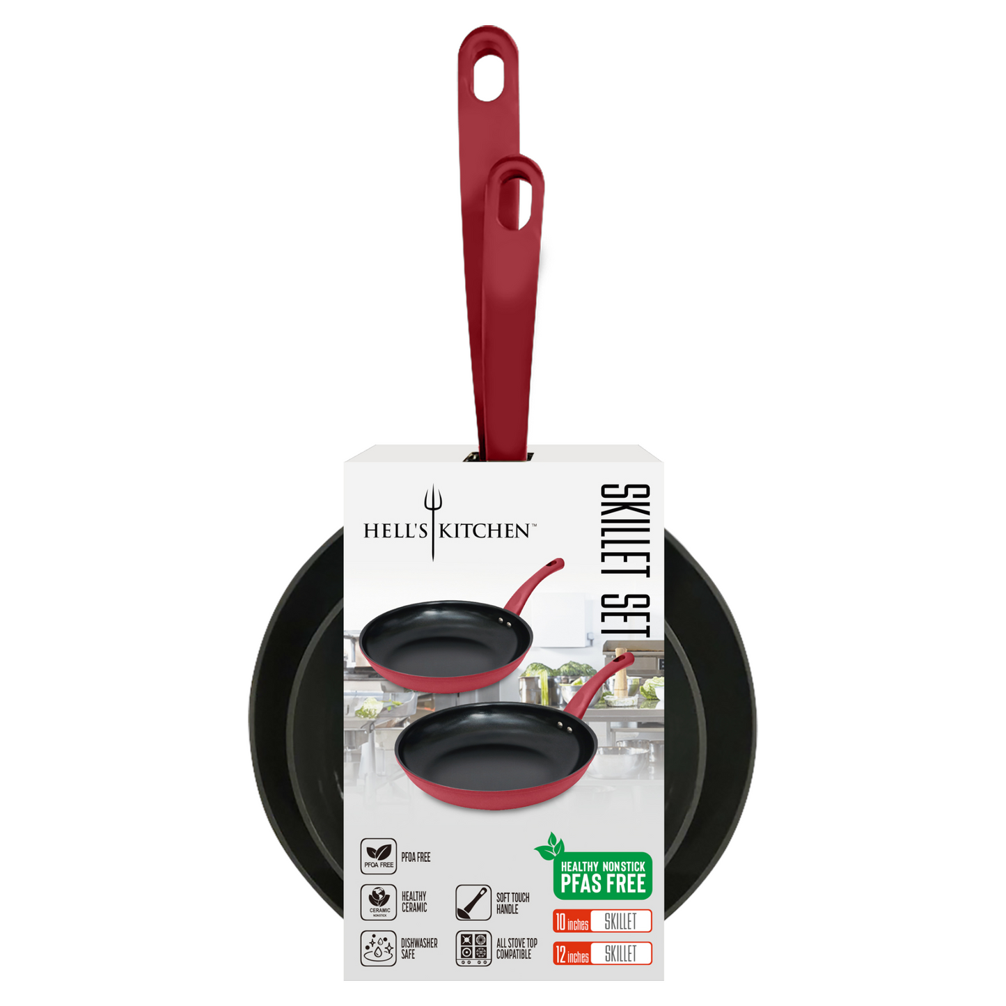 Hell's Kitchen 10-Inch & 12-Inch Ceramic Fry Pan Set - Red