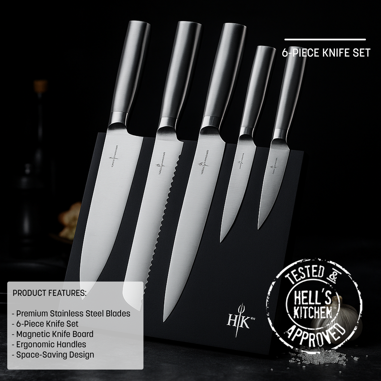 Hell's Kitchen 6-Piece Stainless Steel Knives with Magnetic Board Set