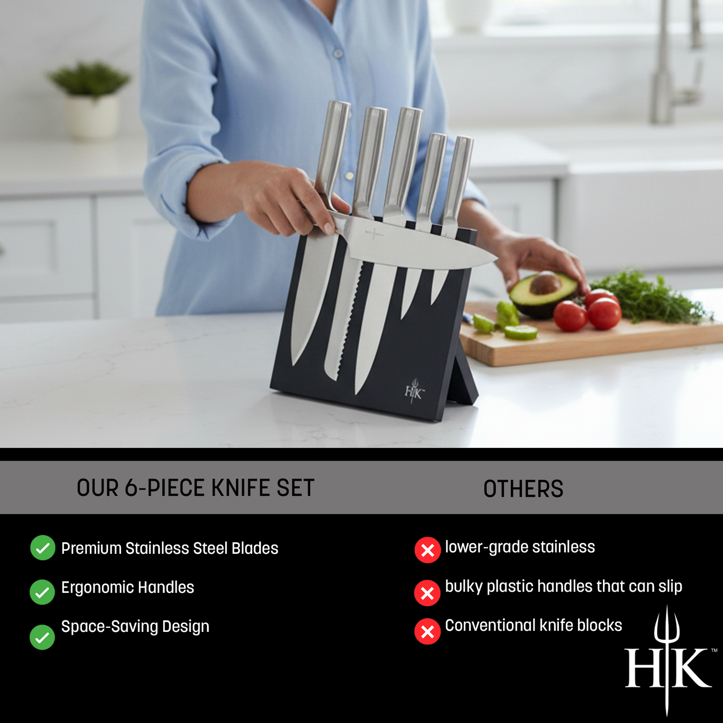 Hell's Kitchen 6-Piece Stainless Steel Knives with Magnetic Board Set