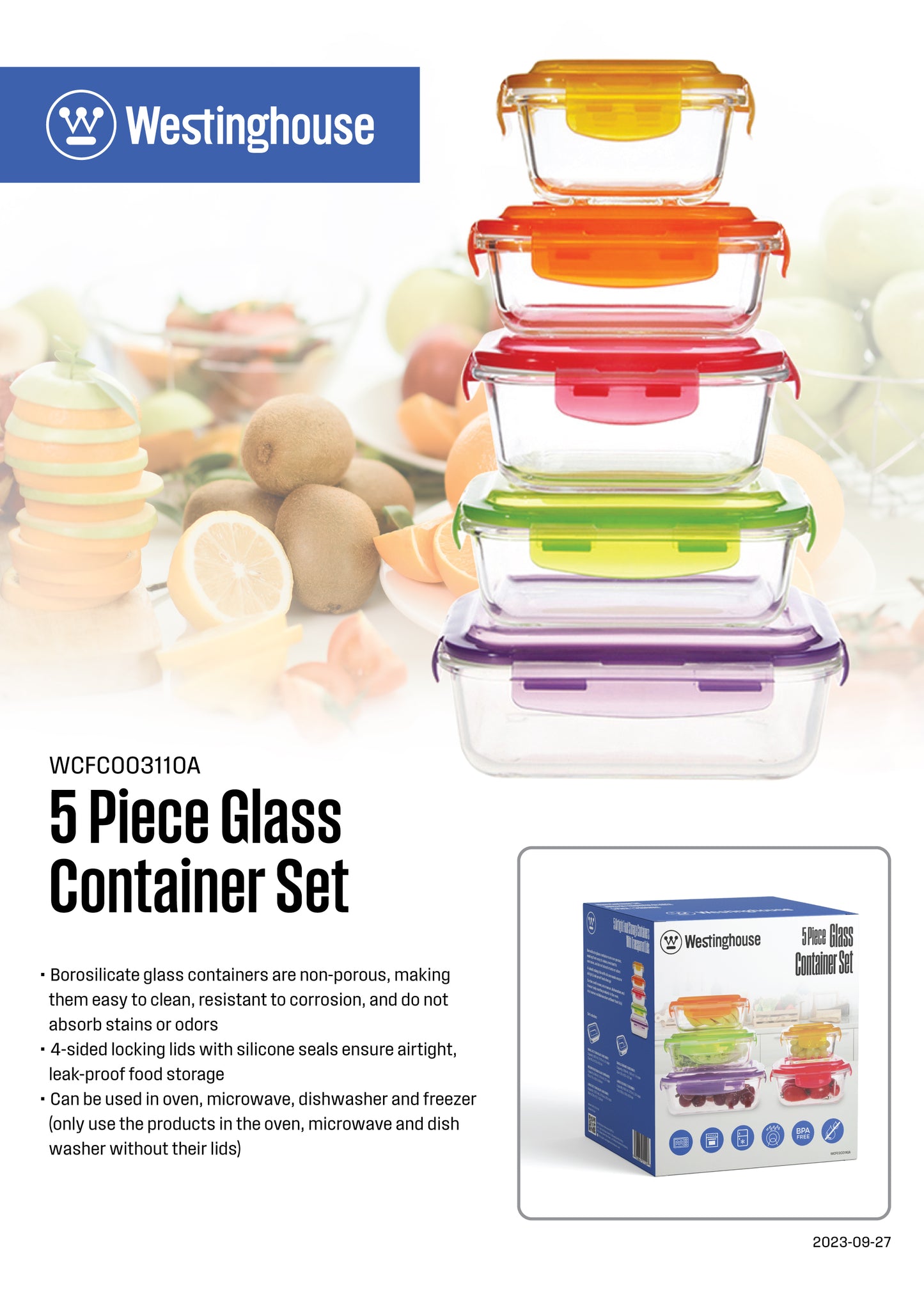 Westinghouse 5-Piece Glass Container Set with Color Lids - 320ml, 370ml, 640ml, 800ml, 1050ml
