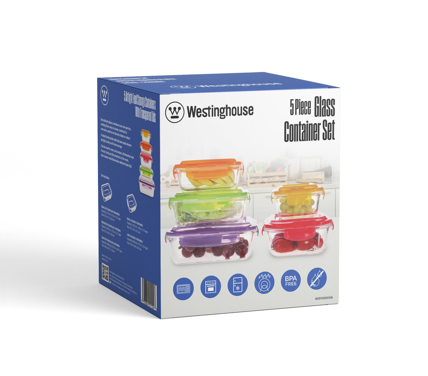 Westinghouse 5-Piece Glass Container Set with Color Lids - 320ml, 370ml, 640ml, 800ml, 1050ml