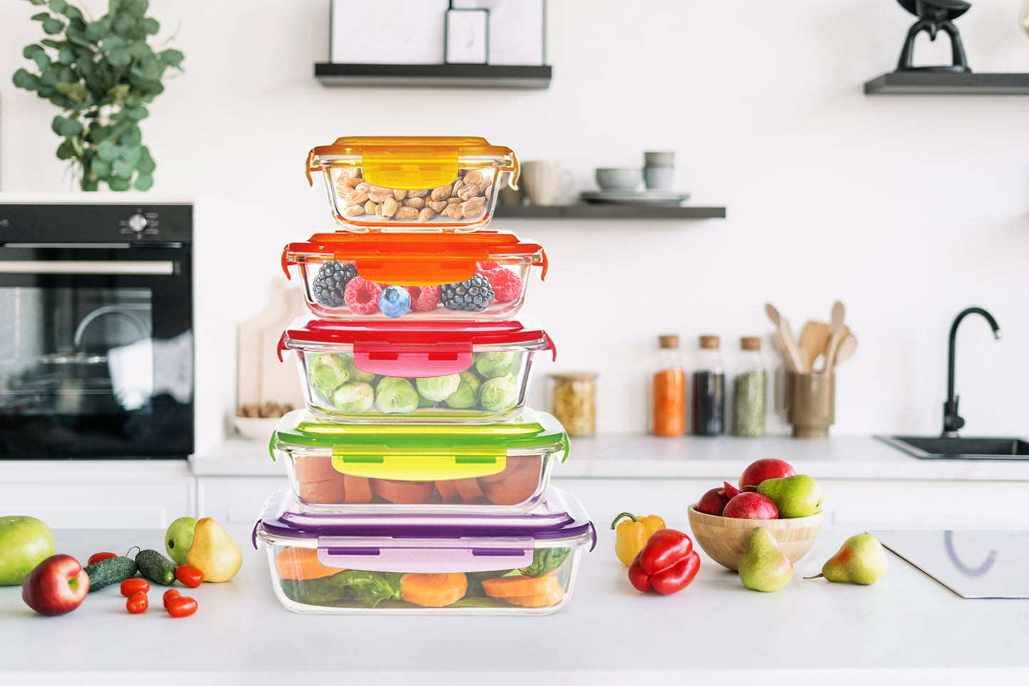 Westinghouse 5-Piece Glass Container Set with Color Lids - 320ml, 370ml, 640ml, 800ml, 1050ml