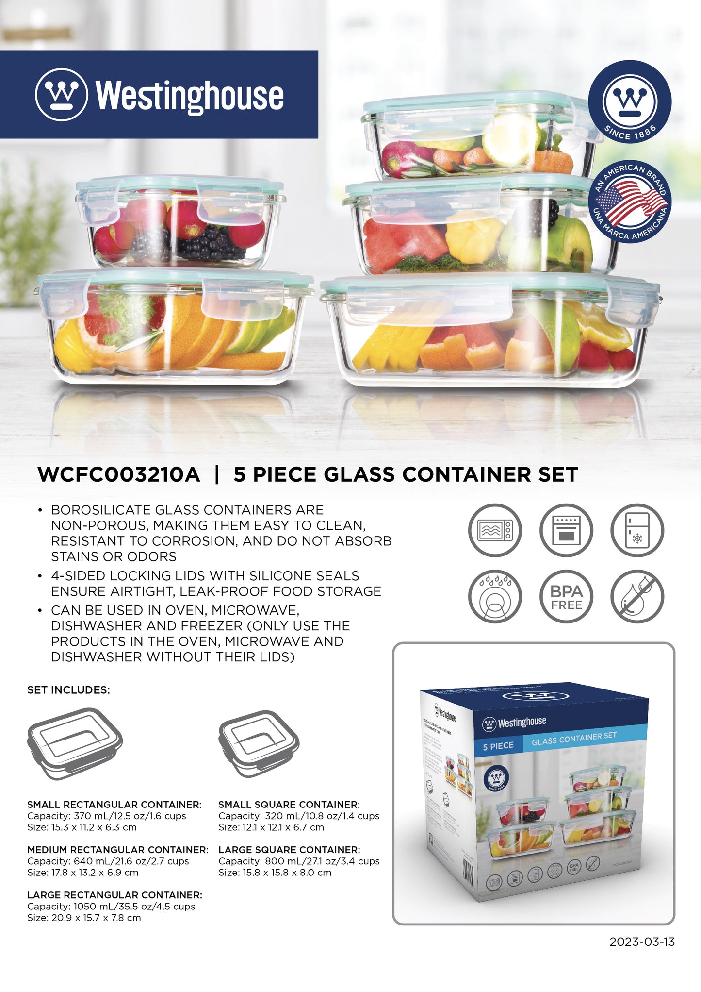 10pc Westinghouse Glass Food Storage Set - 370ml, 640ml, 1050ml, 320ml & 800ml