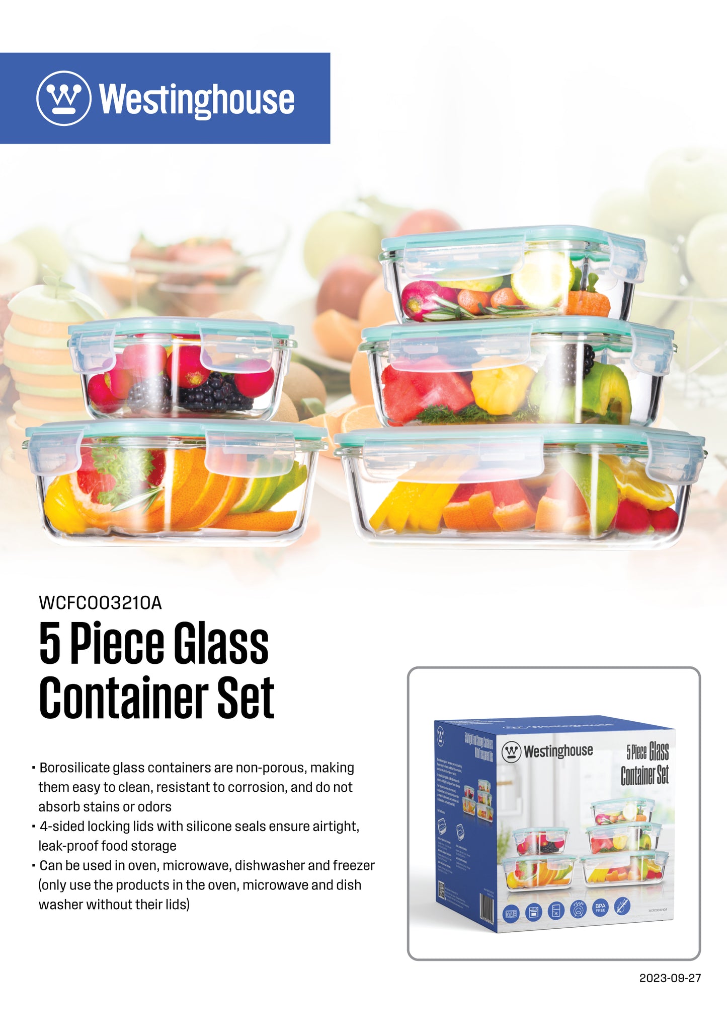 5pc Westinghouse Glass Food Storage Set - 370ml, 640ml, 1050ml, 320ml & 800ml