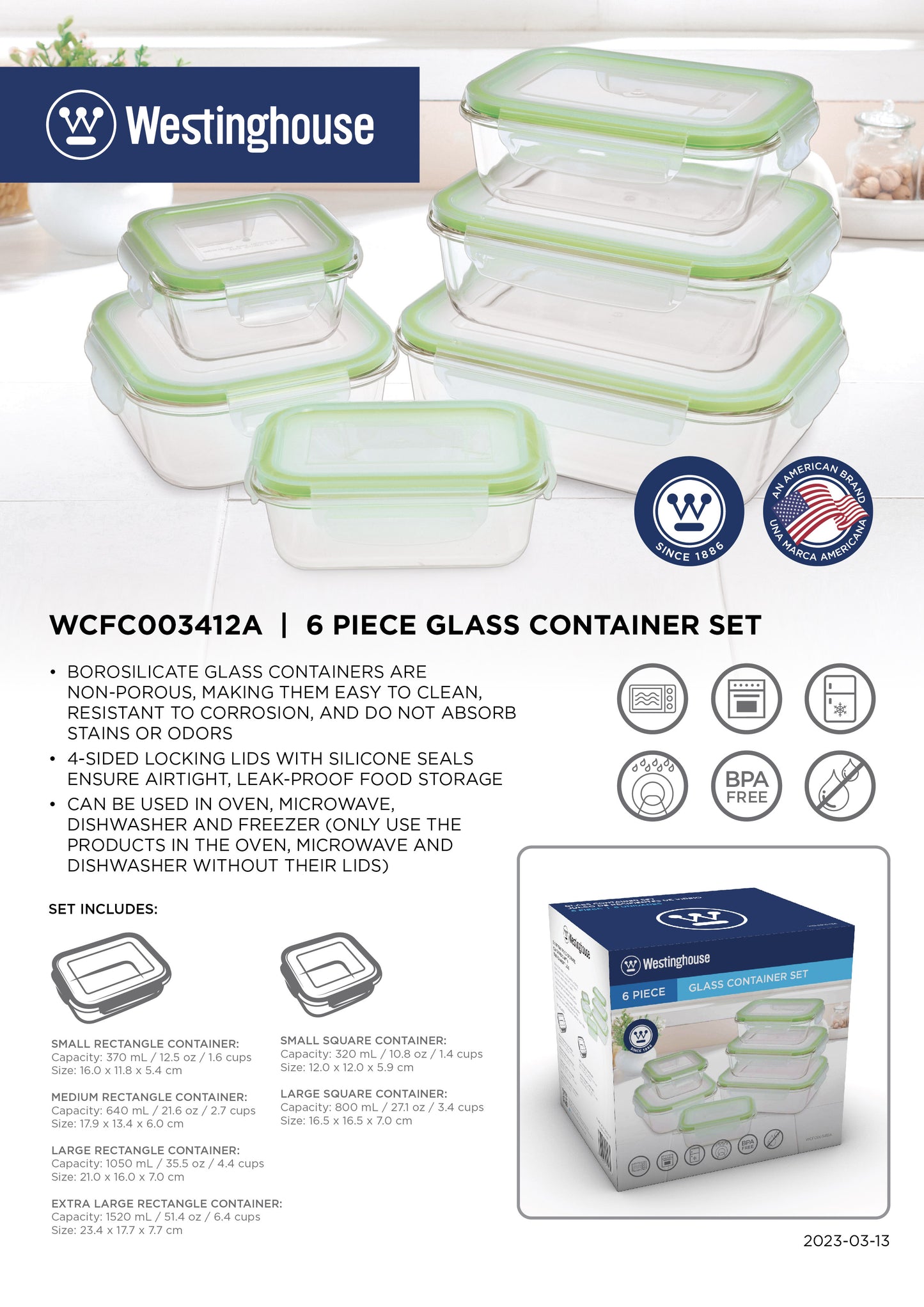 Westinghouse 6-Piece Glass Container Set - 320ml, 370ml, 640ml, 800ml, 1050ml, 1520ml