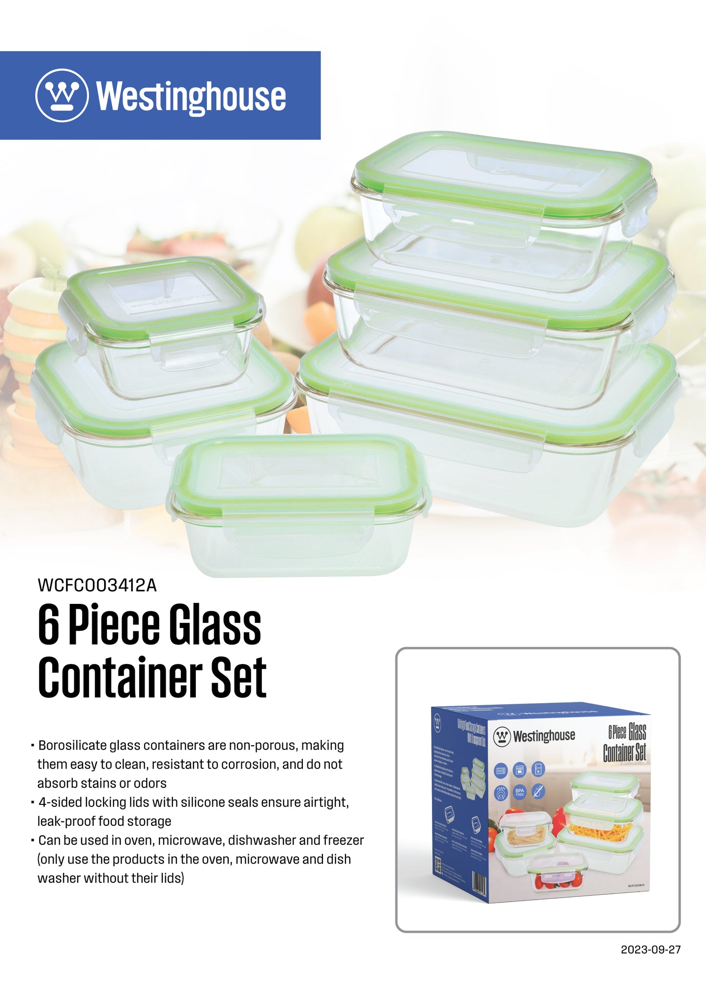 Westinghouse 6-Piece Glass Container Set - 320ml, 370ml, 640ml, 800ml, 1050ml, 1520ml