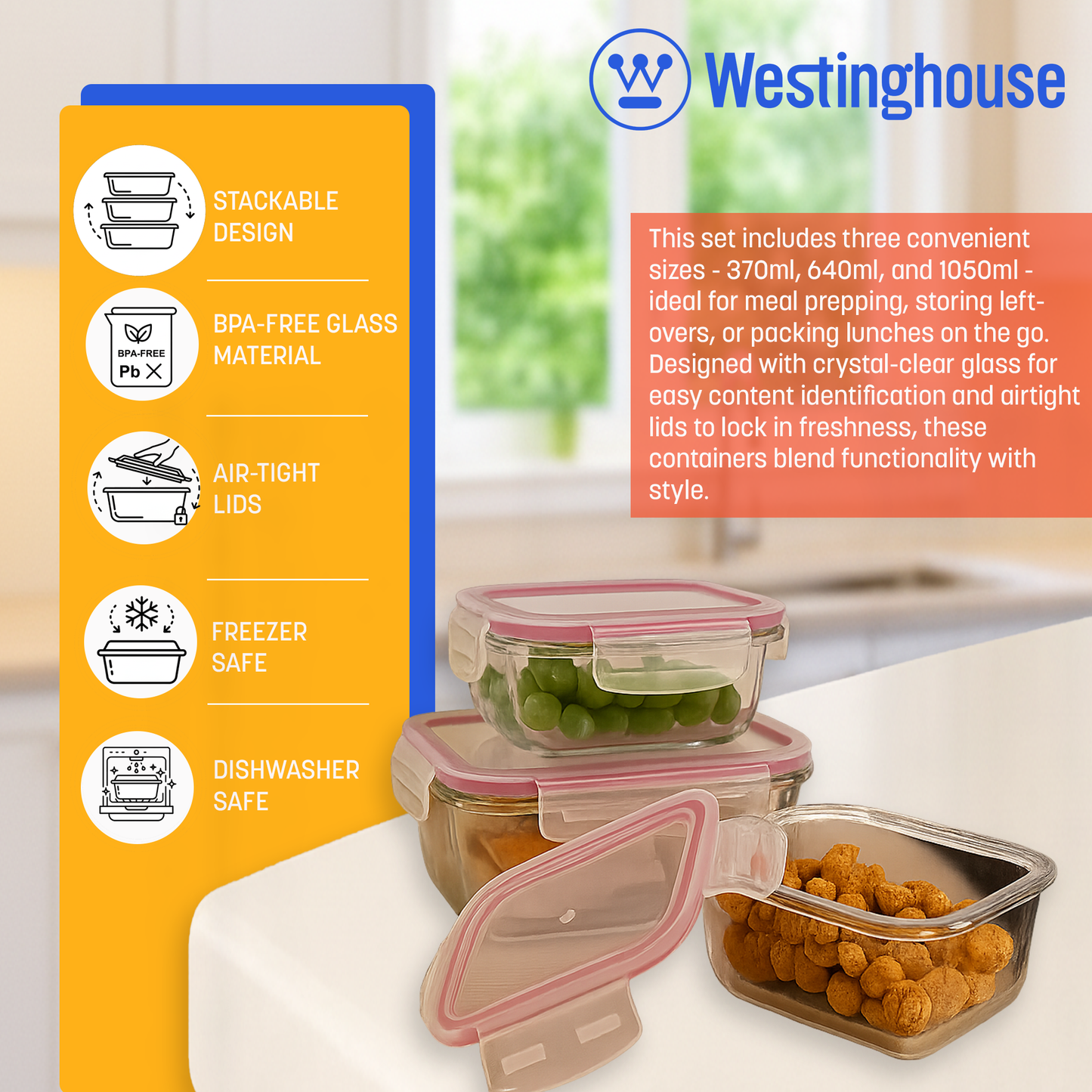 Westinghouse 3-Piece Glass Container Set - 370ml, 640ml, 1050ml