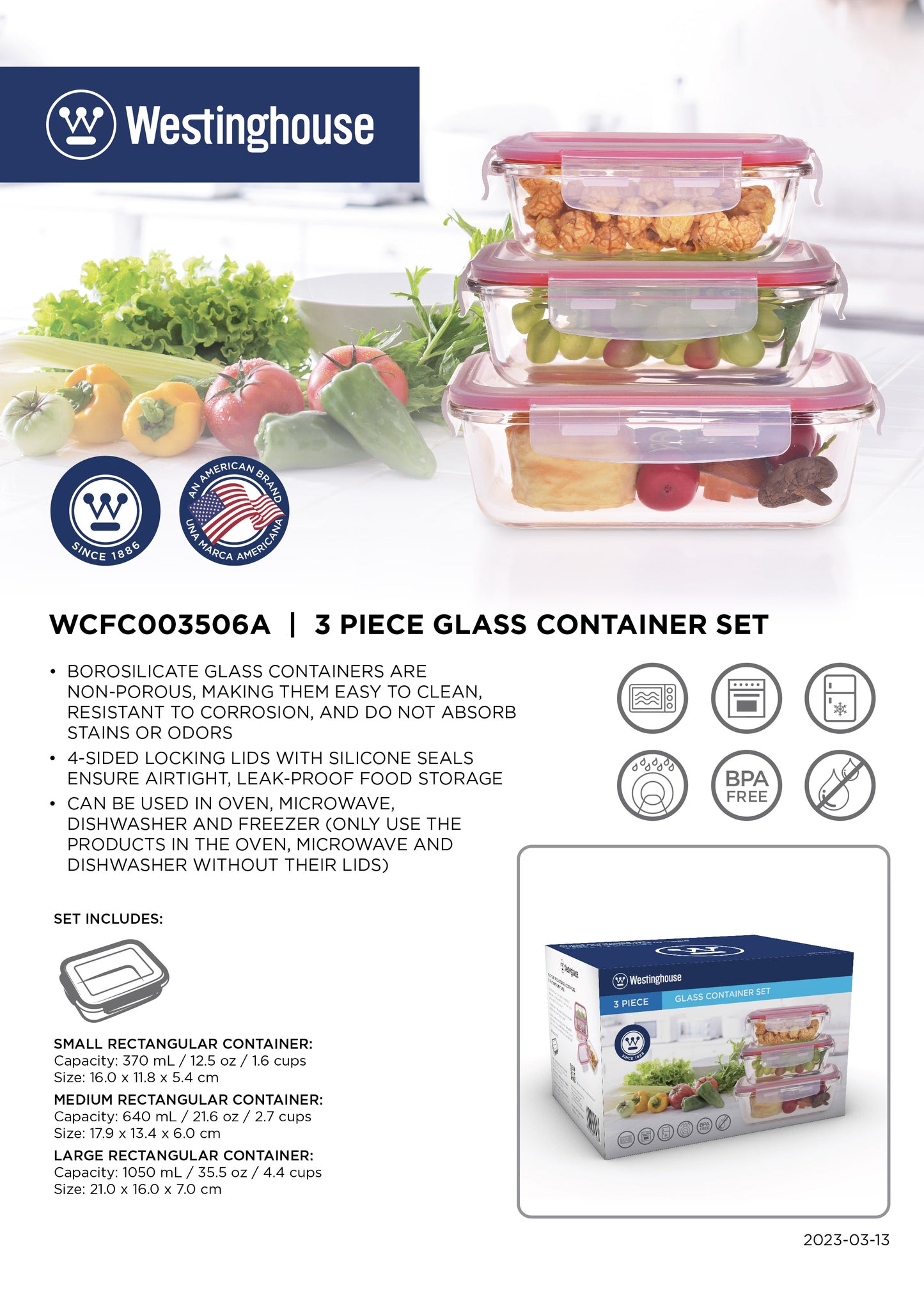 Westinghouse 3-Piece Glass Container Set - 370ml, 640ml, 1050ml