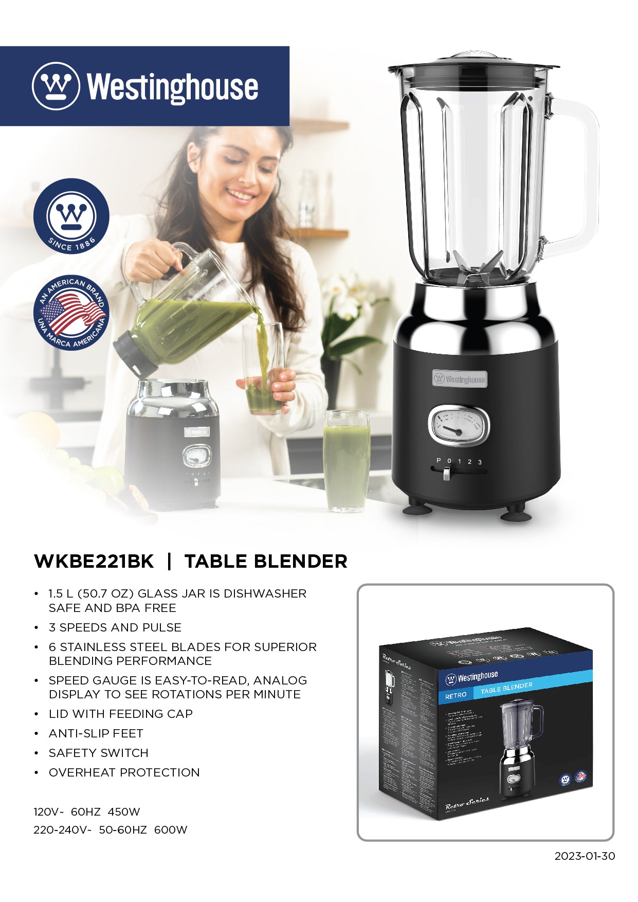 Westinghouse 1.5L Capacity Table Blender - Retro Series
