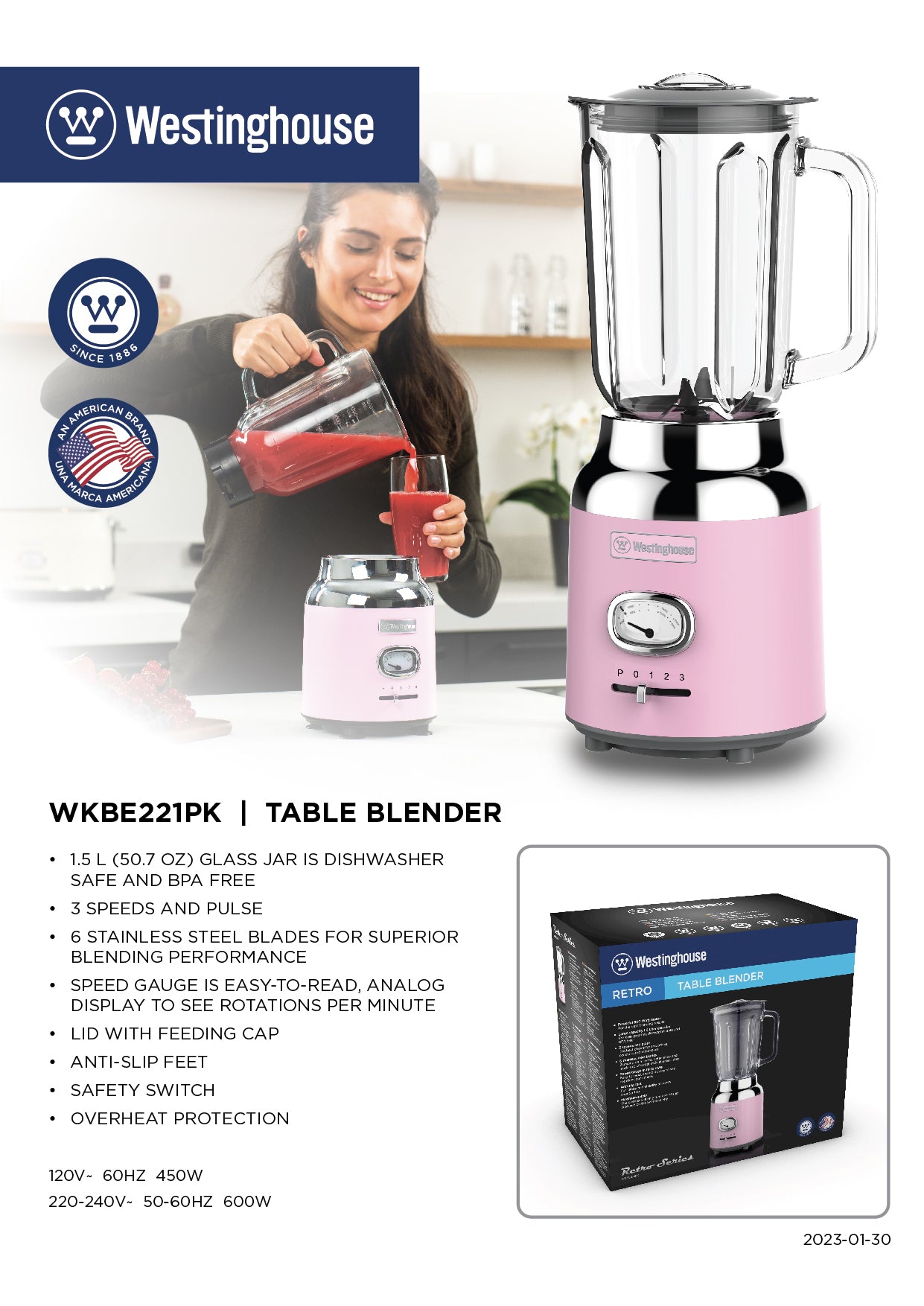 Westinghouse 1.5L Capacity Table Blender - Retro Series
