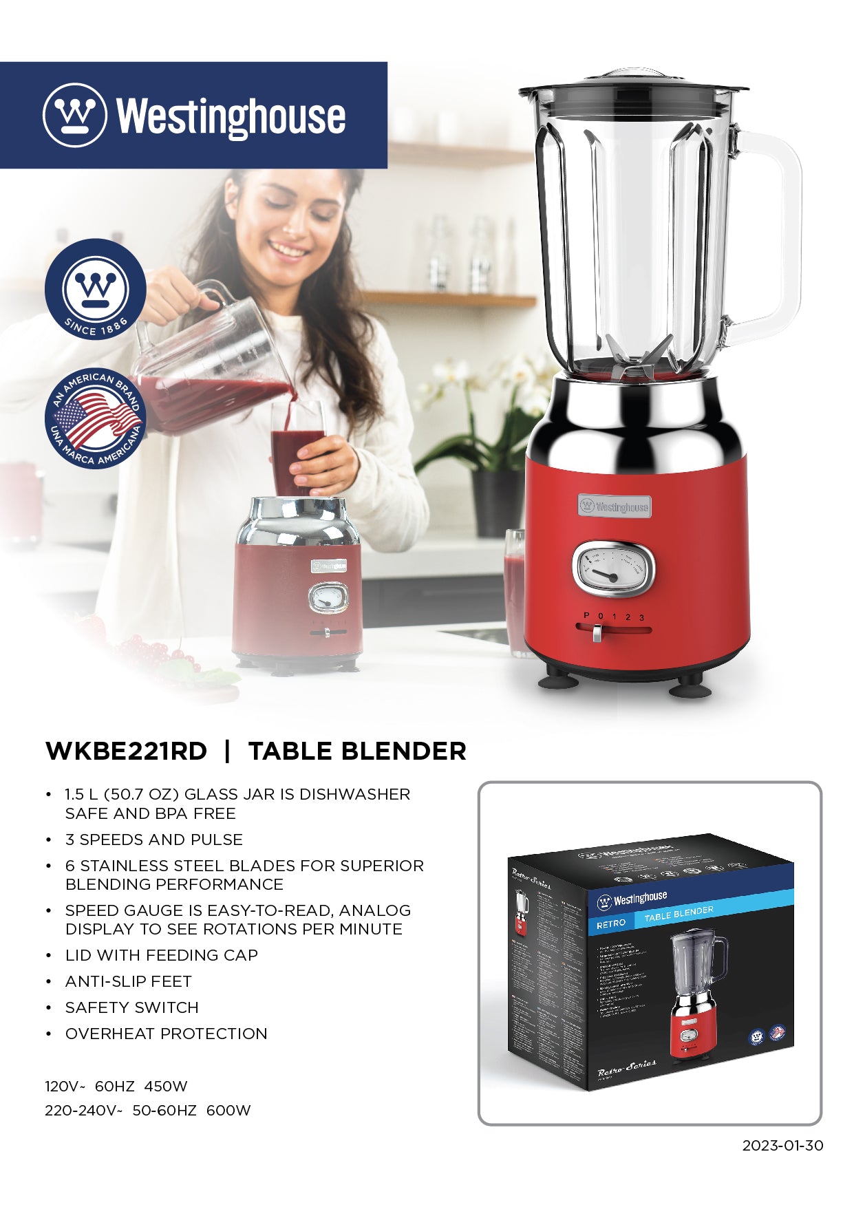Westinghouse 1.5L Capacity Table Blender - Retro Series