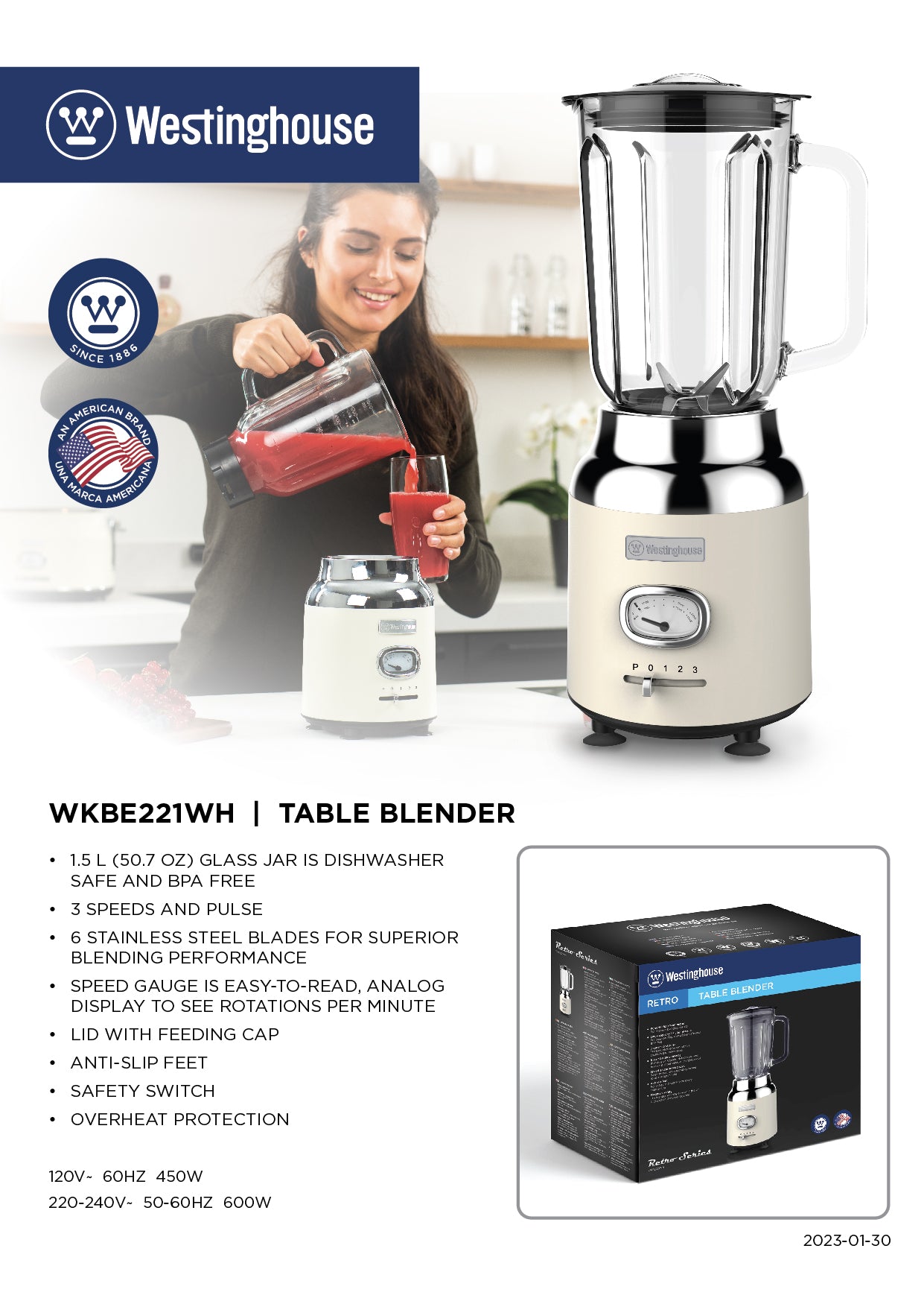 Westinghouse 1.5L Capacity Table Blender - Retro Series