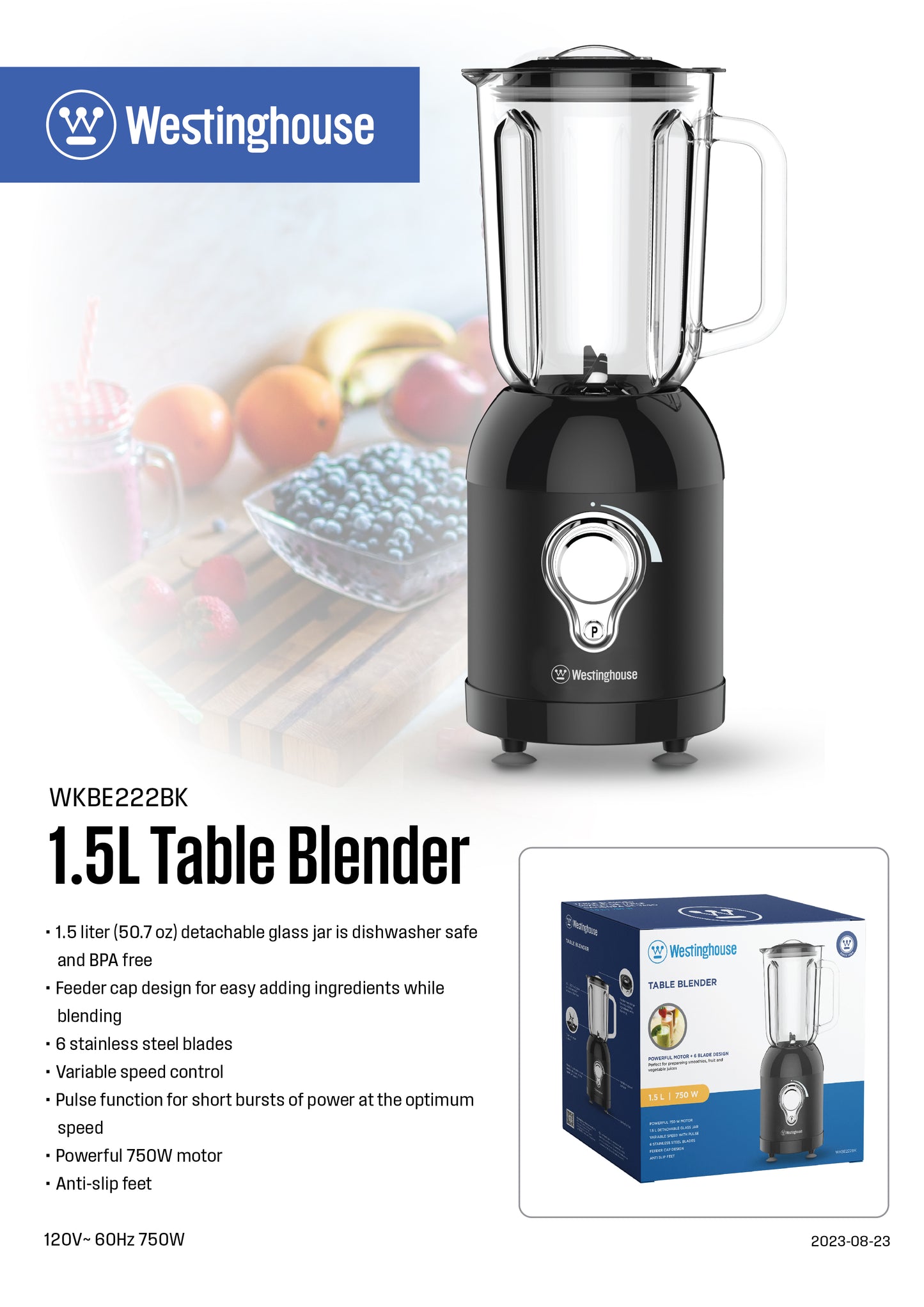 Westinghouse 1.5L Capacity Table Blender - Everyday Series