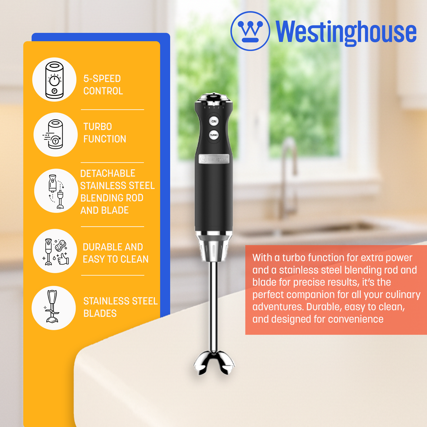 Westinghouse Multi-Speed Immersion Hand Blender - Retro Series, 4 Colors