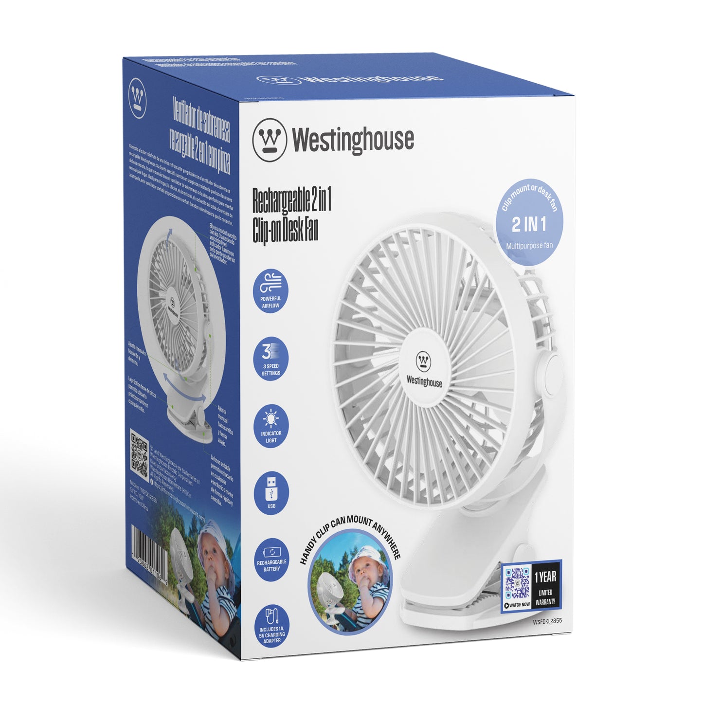 Westinghouse 2-in-1 Rechargeable Clip/Table Fan + Adaptor