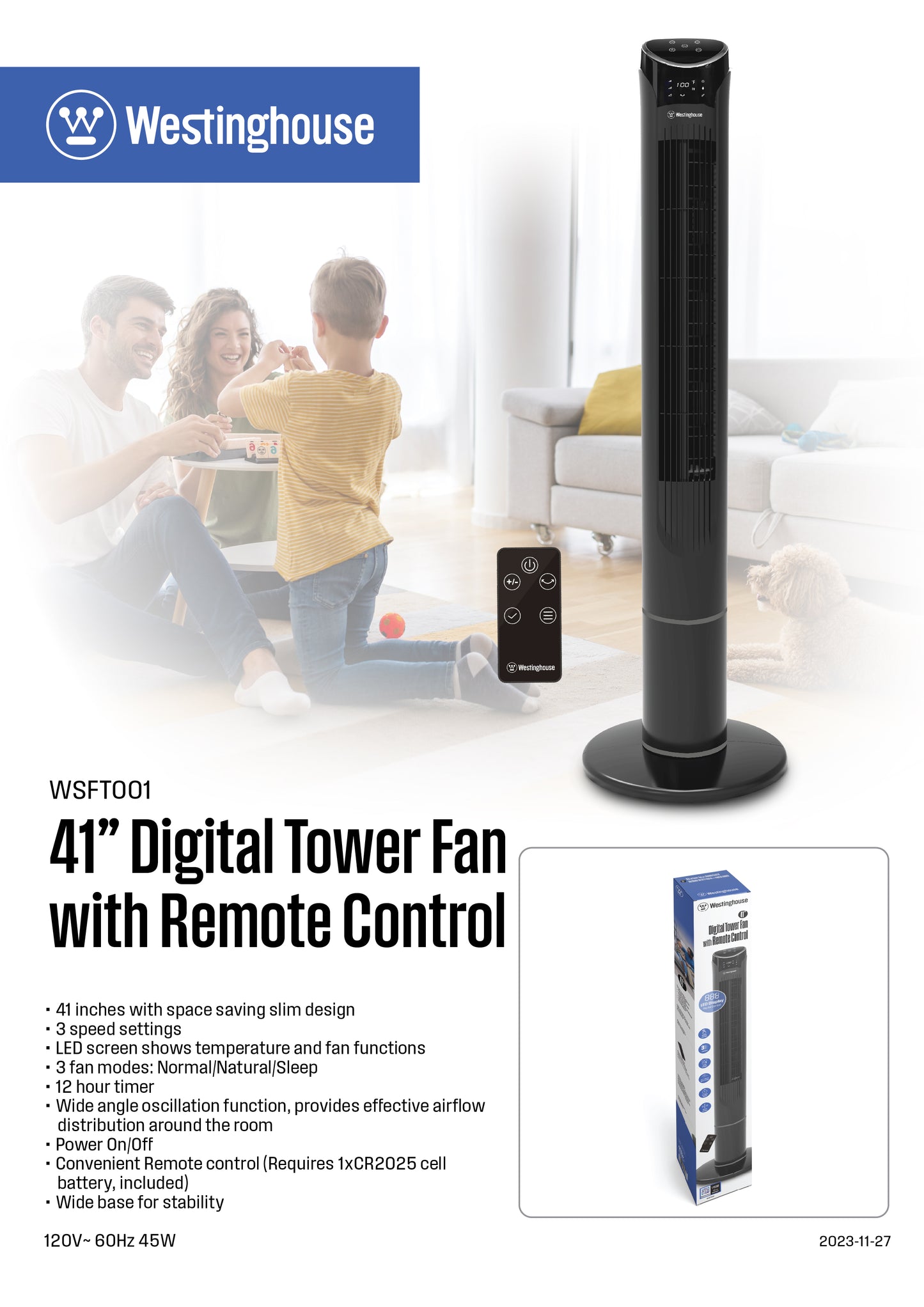 Westinghouse 41-Inch Oscillating Tower Fan with Remote