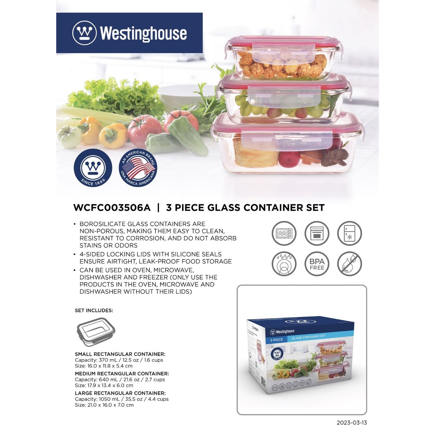 3pc Westinghouse Glass Food Storage Set - 370ml, 640ml & 1050ml