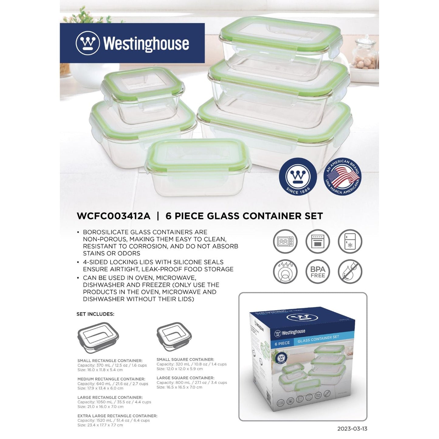 6pc Westinghouse Glass Food Storage Set - 370ml, 640ml, 1050ml, 1520ml, 320ml & 800ml