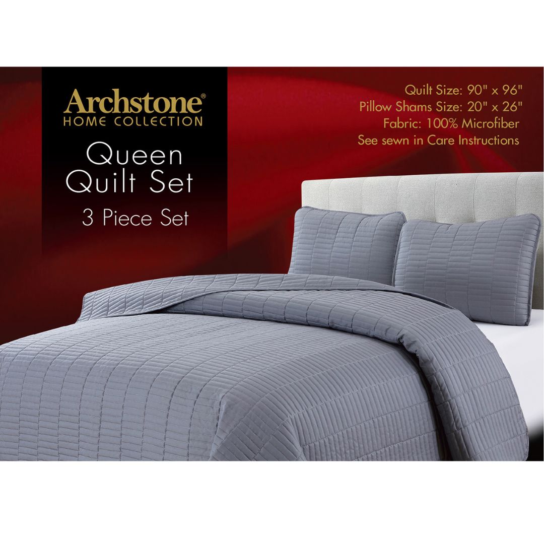 3 pc Quilt Set - Gray, Queen Size, Includes Quilt and Pillow Shams