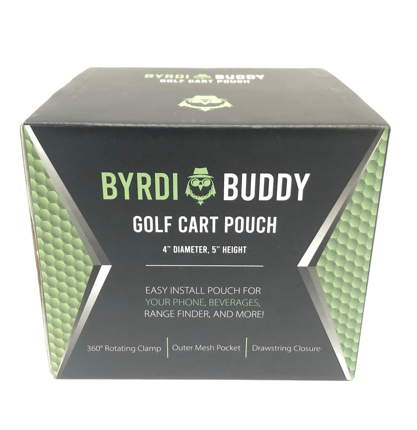 BYRDI Buddy - Golf Cart Pouch Mount with 360° Rotating Clip - Holds Range Finder, Beverages, Balls, and more!